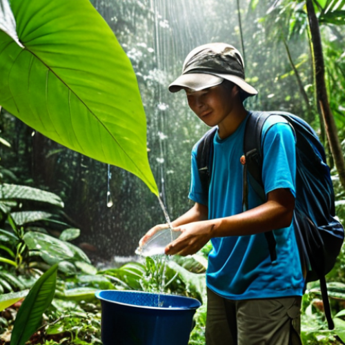 Home 13 Finding Water in the Rainforest**
"A fully clothed hiker in appropriate attire, using a large leaf to collect rainwater in a lush Malaysian rainforest. Safe for work. Focus on the clear water dripping into a container. Background shows dense foliage and filtered sunlight. Perfect anatomy, correct proportions, natural pose, high quality, professional photography, modest and family-friendly."
**