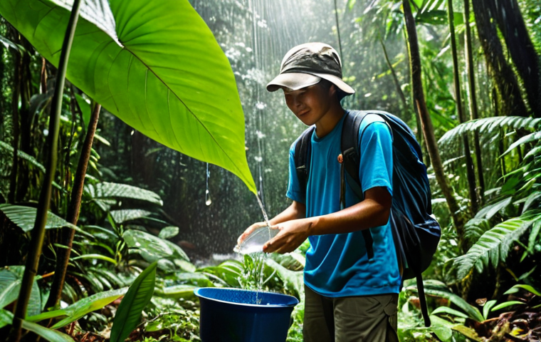 Finding Water in the Rainforest**
"A fully clothed hiker in appropriate attire, using a large leaf to collect rainwater in a lush Malaysian rainforest. Safe for work. Focus on the clear water dripping into a container. Background shows dense foliage and filtered sunlight. Perfect anatomy, correct proportions, natural pose, high quality, professional photography, modest and family-friendly."
**