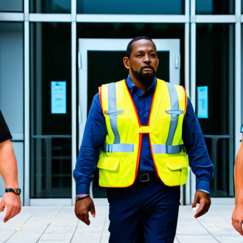 Home 12 **
"A diverse group of fully clothed office workers participating in a fire drill, walking calmly and orderly out of a modern office building, guided by a team leader in a high-visibility vest, safe for work, appropriate content, professional, modest, perfect anatomy, correct proportions, natural pose, well-formed hands, proper finger count, natural body proportions, daytime, bright lighting."
**