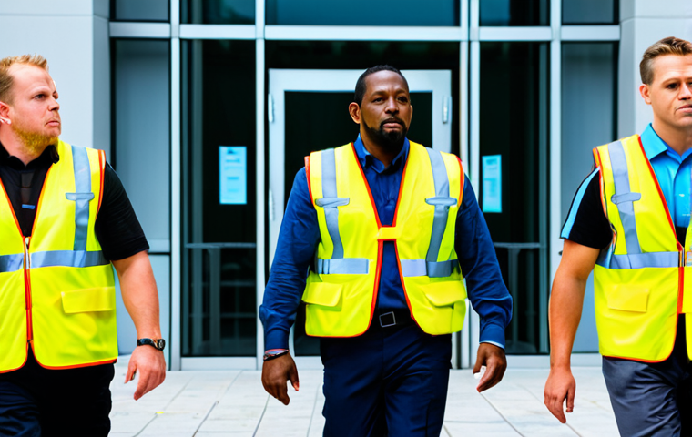 **
"A diverse group of fully clothed office workers participating in a fire drill, walking calmly and orderly out of a modern office building, guided by a team leader in a high-visibility vest, safe for work, appropriate content, professional, modest, perfect anatomy, correct proportions, natural pose, well-formed hands, proper finger count, natural body proportions, daytime, bright lighting."
**